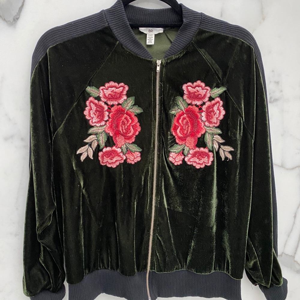 BP green velvet floral bomber jacket